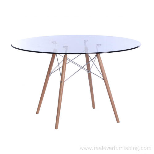 Round glass top dining table with wood base
